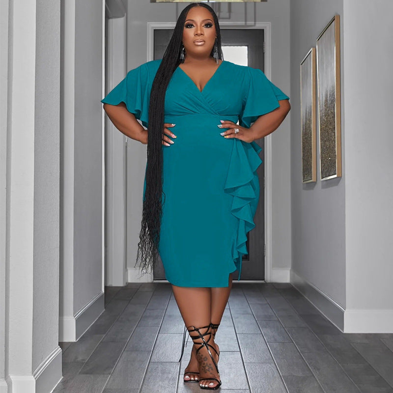 Solid Color V-neck Ruffled Slim Fit Plus Size Dress