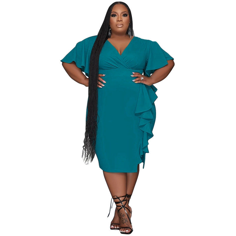 Solid Color V-neck Ruffled Slim Fit Plus Size Dress