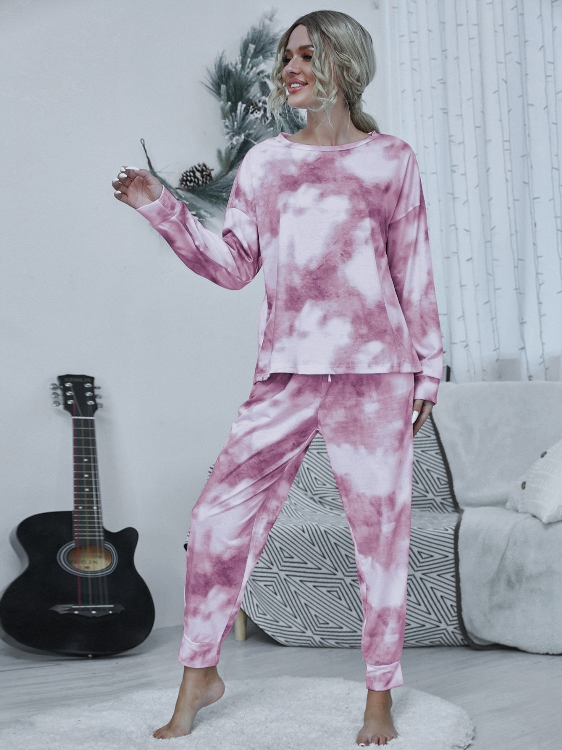 Shiny Tie-dye Round Neck Top and Drawstring Pants Lounge Set